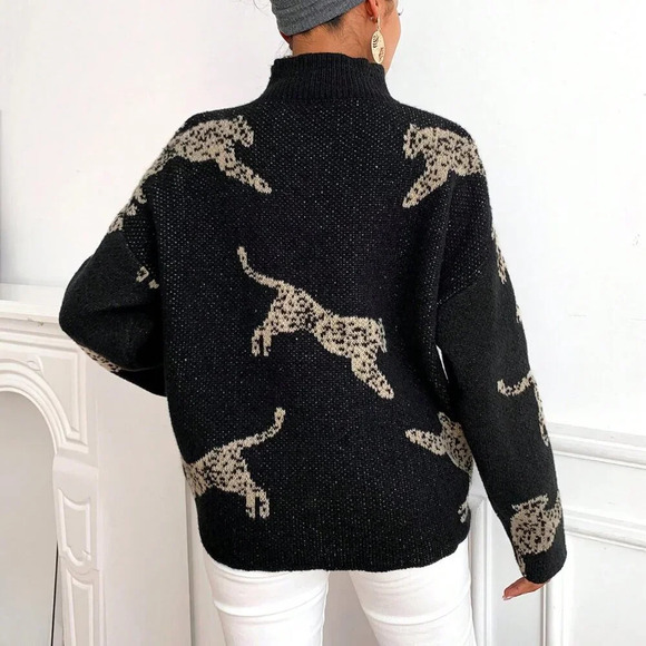 Black Casual Women's Leopard Pattern High Neck Drop Shoulder Sweater - Picture 2 of 6